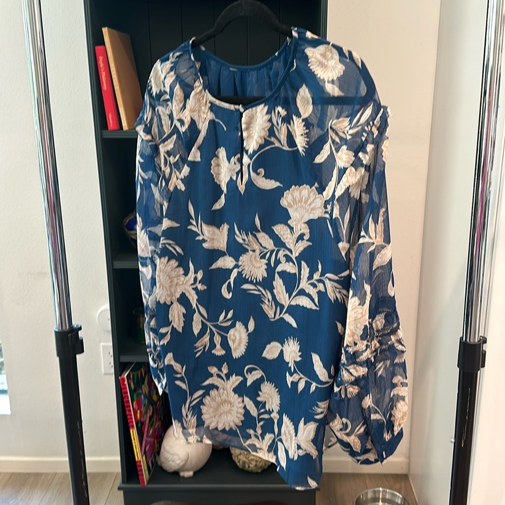 XXL teal w/cream floral Ann Taylor blouse one button cuff long sleeve scoop neck